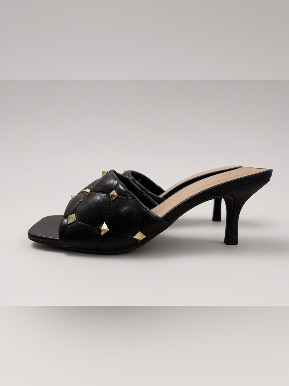 SODA Vivas-S Black Quilted Gold Stud Mule Heel Size 6 w/ Box